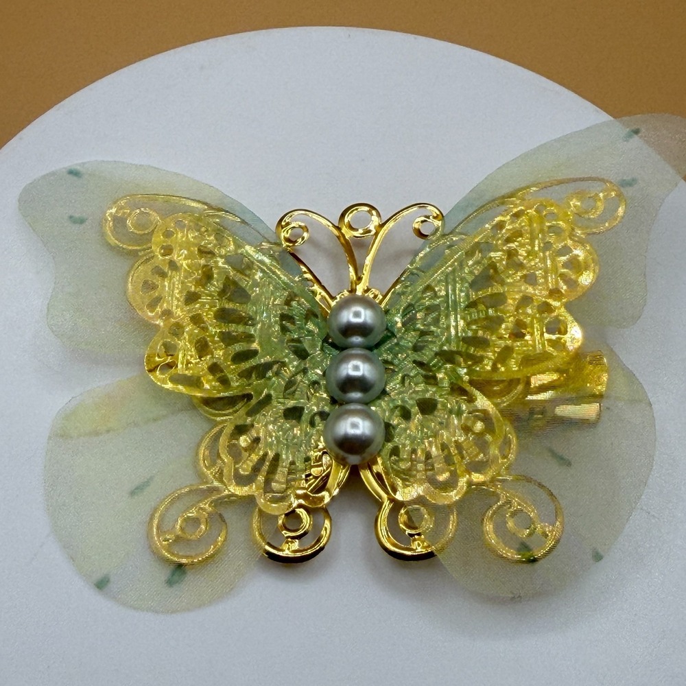 Gold Tone Butterfly Hair Barrette Green Organza Faux Pearl Fairycore Cottagecore